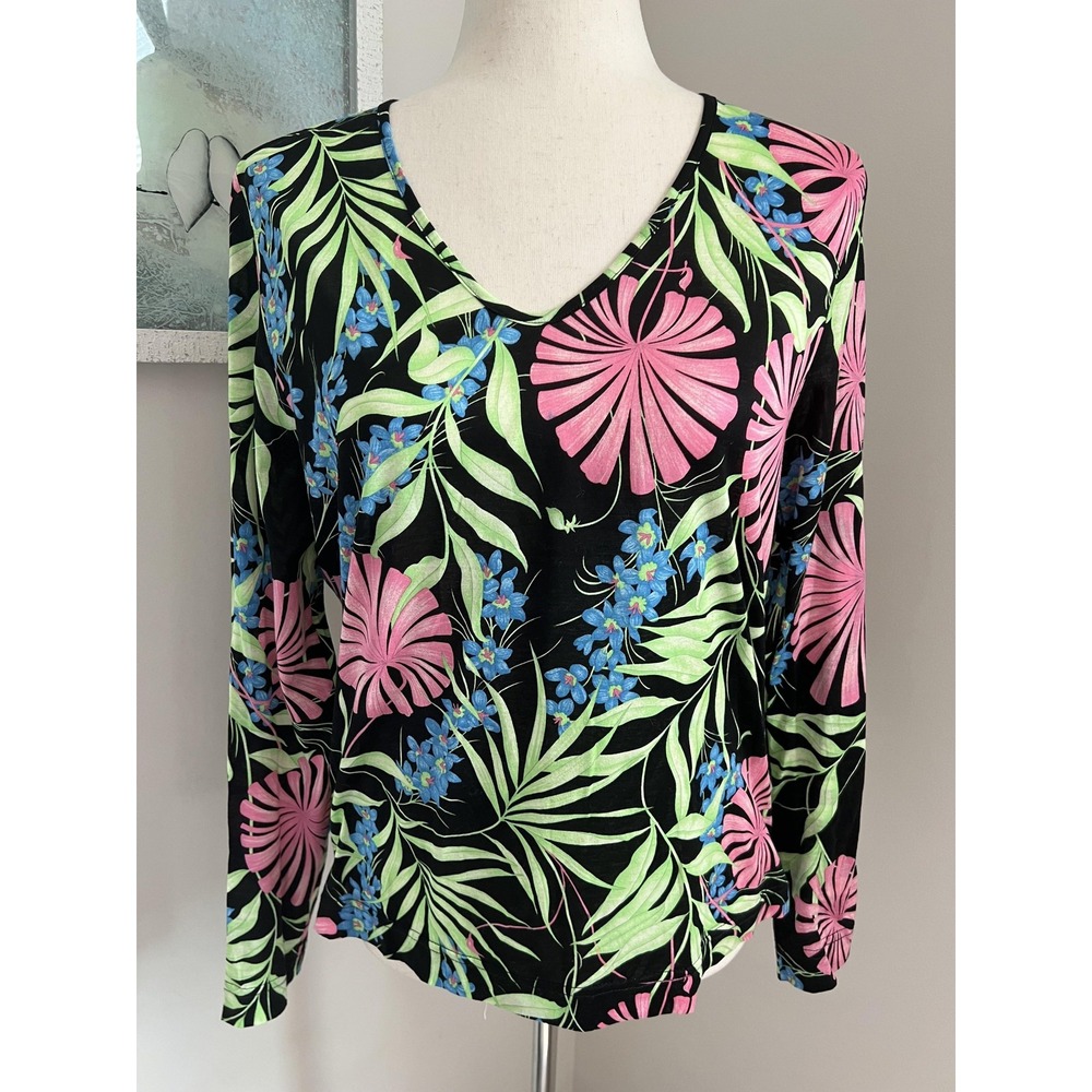 Averardo Bessi Top Womens 14 Black Tropical Floral V Neck Long Sleeve Italy